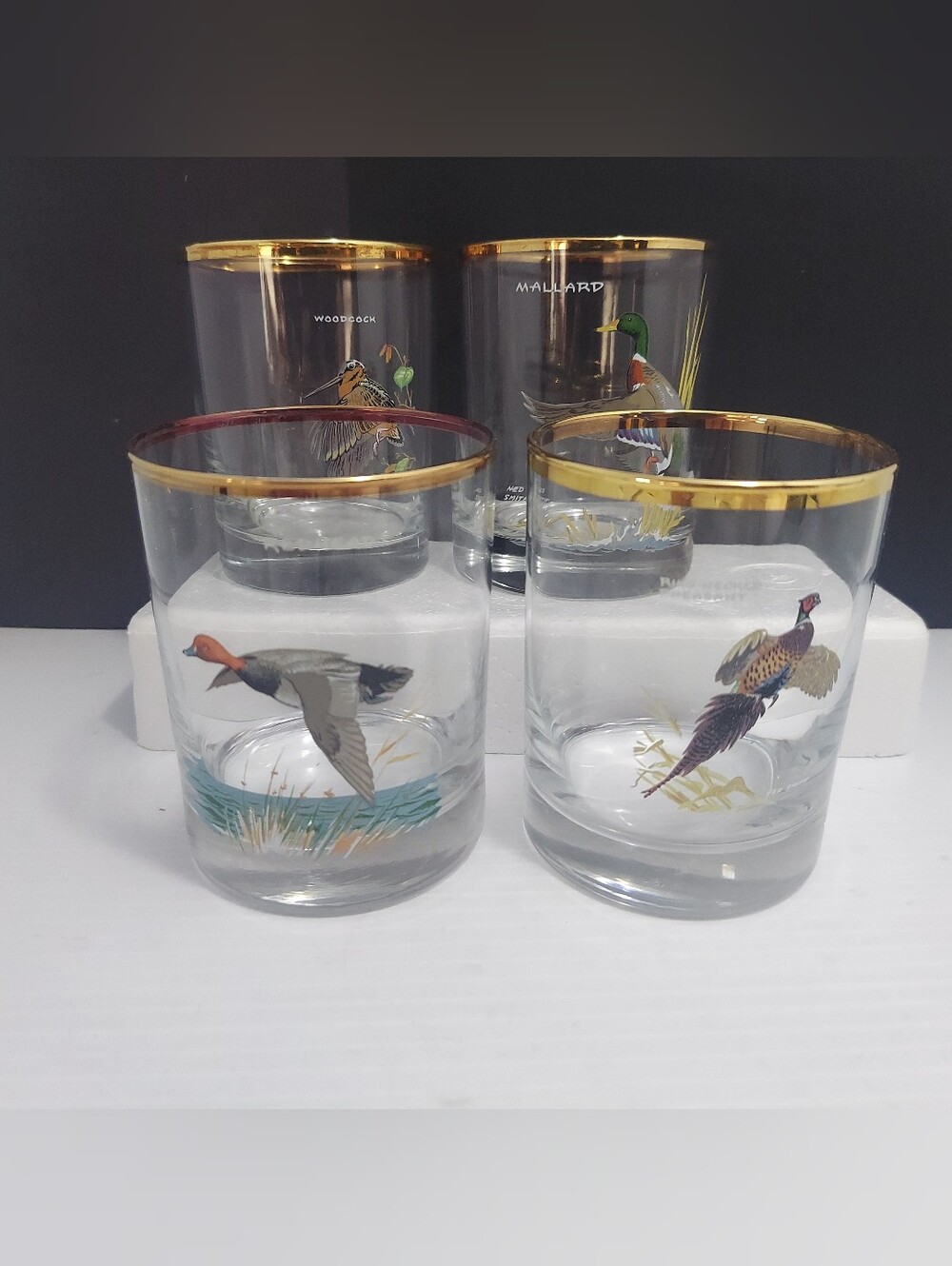 Vintage Ned Smith Double Old Fashion 22K Gold Rim Game Birds Glasses Set Of 4